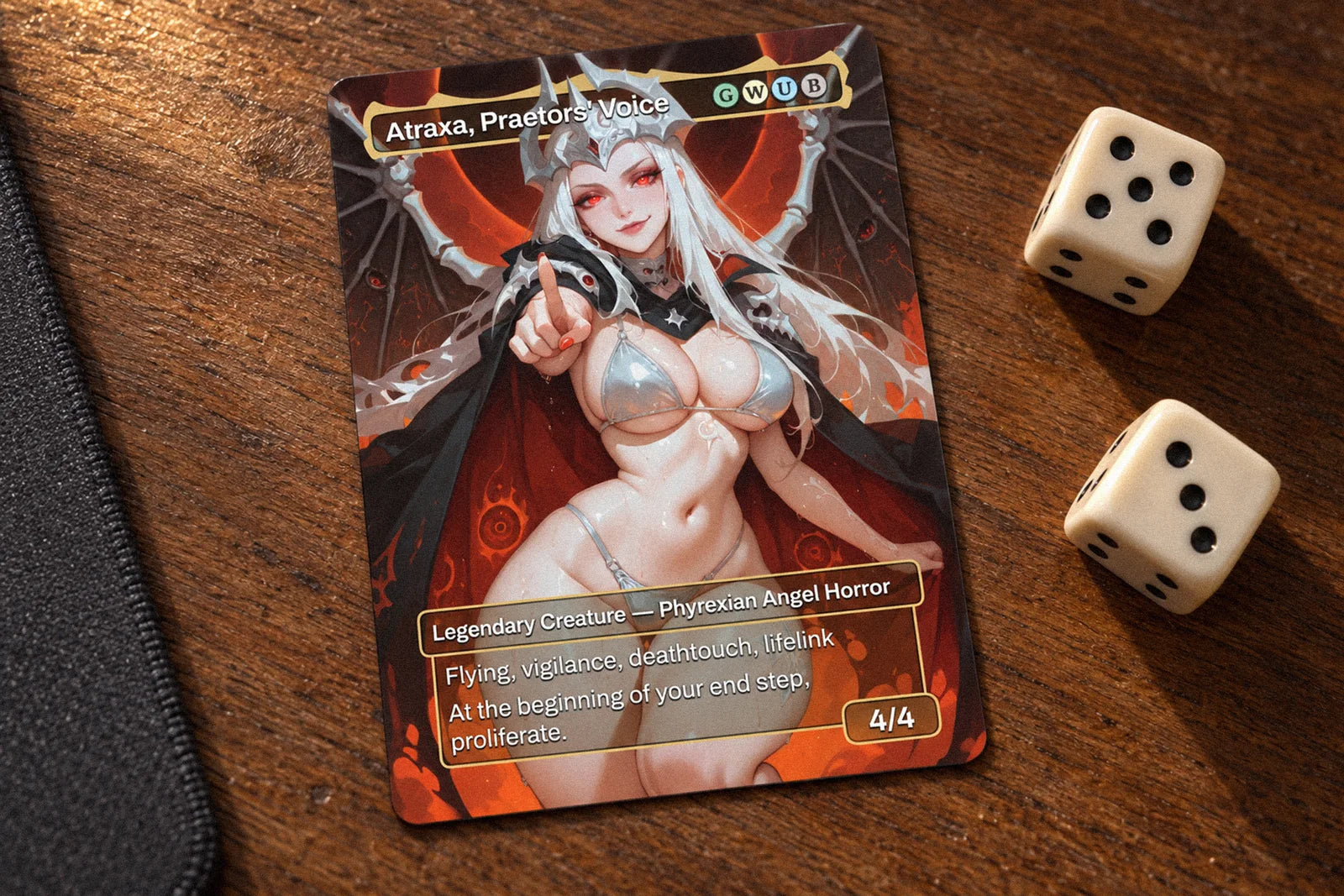 Atraxa anime proxy card beside dice on a wooden game table
